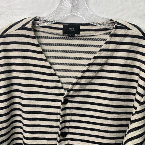 Obey Womens XL Black and White Striped Button Front Cardigan Long Sleeves - Picture 2 of 7